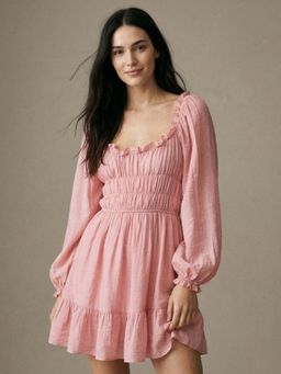 Outzidr - Pink Full Sleeve Ruffle Hem Dress