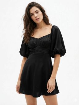 Outzidr - Black Puff Sleeve Skater Dress