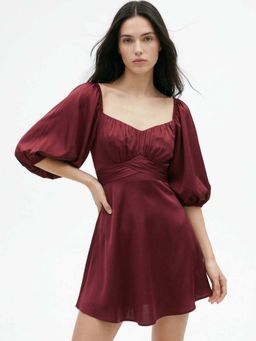 Outzidr - Maroon Puff Sleeve Skater Dress