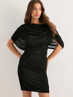 Outzidr - Black High Neckline Solid Dress