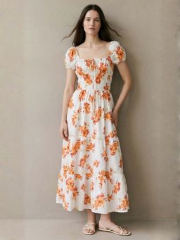 Outzidr - Yellow Floral Printed Flared Dress