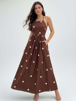 Outzidr - Brown Polka Dots Flared Dress
