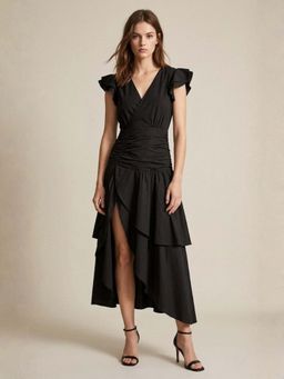 Outzidr - Black V Neck Dress