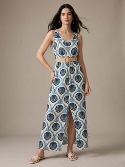 Outzidr - Blue Sleeveless Front Slit Dress