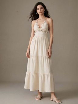 Outzidr - Cream Halter Neck Waist Fitted Tiered Dress