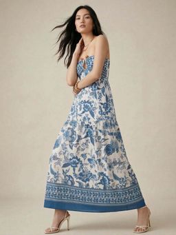 Outzidr - Blue Tube Metal Trim Printed Dress