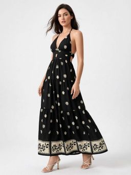 Outzidr - Black Halter Neck Floral Print Dress