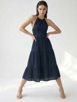 Outzidr - Navy Blue Halter Neck Tiered Dress