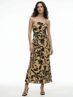 Outzidr - Beige Strappy All Over Printed Dress