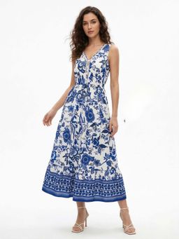 Outzidr - Blue V Neck Floral Print Dress