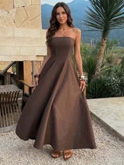 Outzidr - Brown Tube Solid Dress