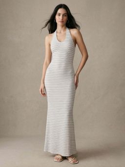 Outzidr - White Halter Neck Striped Dress