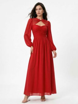 Outzidr - Red Full Sleeve Asymmetrical Neck Cut-Out Dress