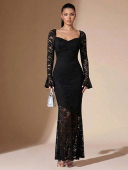 Outzidr - Black Full Sleeve Sweetheart Neck Dress