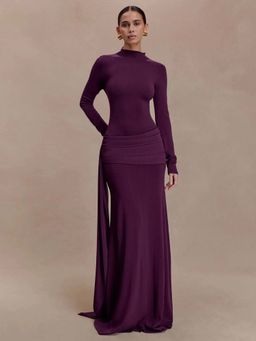 Outzidr - Purple Full Sleeve Waist Draped Dress