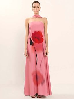 Outzidr - Pink Off Shoulder Floral Printed Dress with scarf