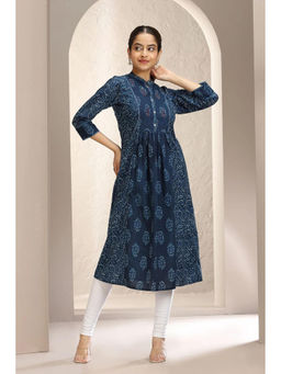 Cotton Culture - Navy Blue Jaipuri Cotton Printed A Line Kurta