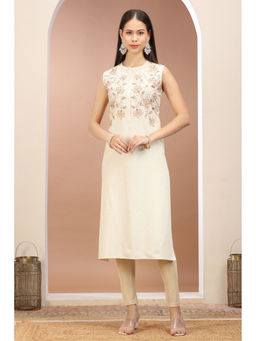 Cotton Culture - Off White Flax Cotton Floral Embroidered Straight Sleeveless Kurta
