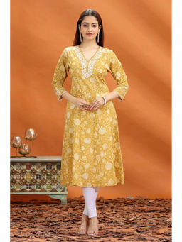 Cotton Culture - Yellow Jaipuri Cotton A Line Embroidered Kurta