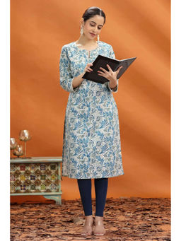 Cotton Culture - Off White And Blue Jaipuri Flex Cotton Printed Straight Kurta