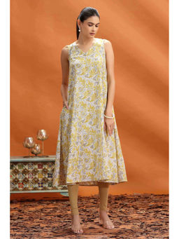 Cotton Culture - Light Yellow Flex Cotton Floral Printed A Line Sleeveless Kurta