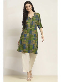 Rangriti - Women Olive Green Viscose Rayon Printed Straight Kurta