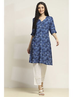 Rangriti - Women Indigo Viscose Rayon Printed Straight Kurta