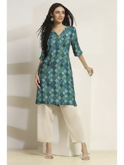 Rangriti - Women Teal Viscose Rayon Printed Straight Kurta