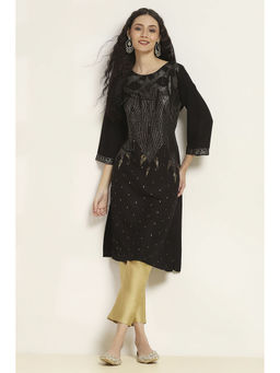 Rangriti - Women Black Viscose Rayon Printed Straight Kurta