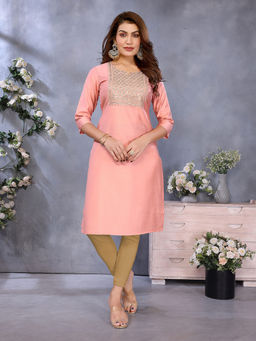 Rangita - Women Peach Viscose Poly Embroidered Straight Calf Length Kurta