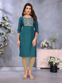Rangita - Women Teal Viscose Poly Embroidered Straight Calf Length Kurta