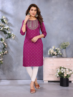 Rangita - Women Wine Viscose Embroidered Straight Calf Length Kurta