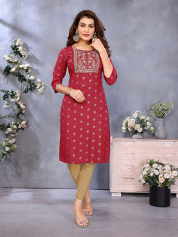 Rangita - Women Maroon Viscose Embroidered Straight Calf Length Kurta