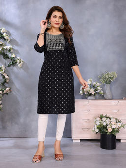 Rangita - Women Black Viscose Embroidered Straight Calf Length Kurta