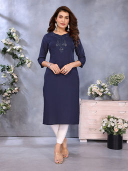 Rangita - Women Navy Blue Rayon Embroidered Straight Calf Length Kurta