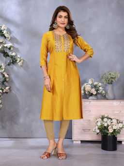 Rangita - Women Mustard Viscose Poly Embroidered A-Line Calf Length Kurta