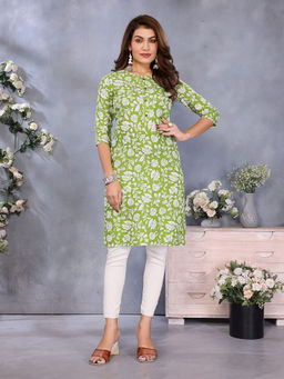 Rangita - Women Green Rayon Printed Straight Knee Length Kurta