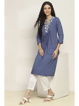Rangriti - Women Blue Cotton Yarn Dyed Straight Kurta