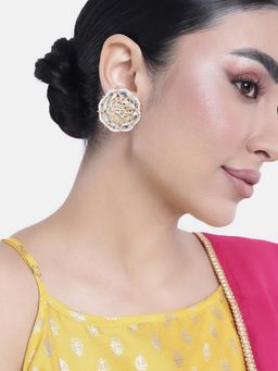 Peora - Gold Plated White Kundan Big Stud Earrings