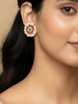 Peora - Gold Plated Multi-Color Kundan & Pearl Round Stud Earrings