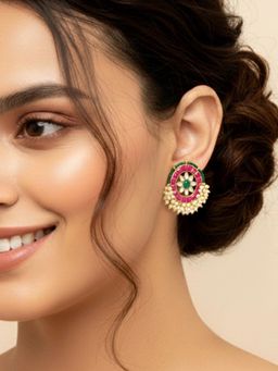 Peora - Gold Plated Multi-Color Kundan & Pearl Round Stud Earrings