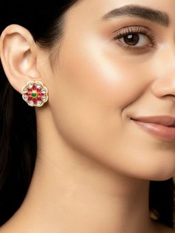 Peora - Gold Plated Multi-Color Kundan & Beads Floral Shape Stud Earrings
