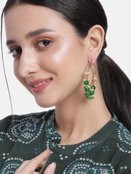 Peora - Gold Plated Fancy Circular Green Dangling Pearls Hoop Earrings