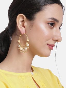Peora - Gold Plated Fancy Circular White Dangling Pearls Hoop Earrings
