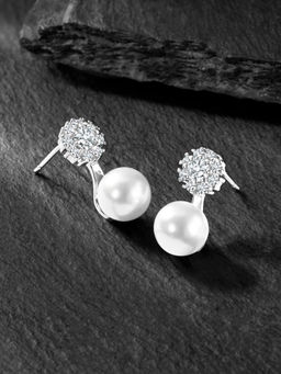 Peora - Silver Plated White Pearl & Cubic Zirconia Drop Earrings