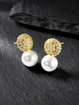 Peora - Gold Plated Pearl & Cubic Zirconia Drop Earrings