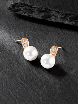 Peora - Rose Gold Plated Pearl & Cubic Zirconia Stud Earrings