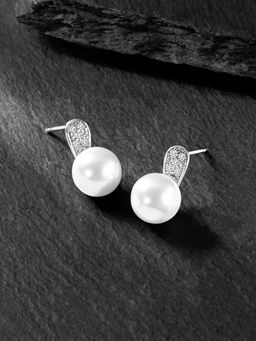 Peora - Silver Plated White Pearl & Cubic Zirconia Fancy Drop Earrings