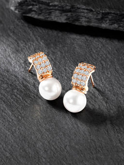 Peora - Rose Gold Plated Pearl & Cubic Zirconia Fancy Drop Earrings