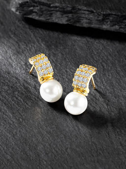 Peora - Gold Plated Pearl & Cubic Zirconia Fancy Drop Earrings